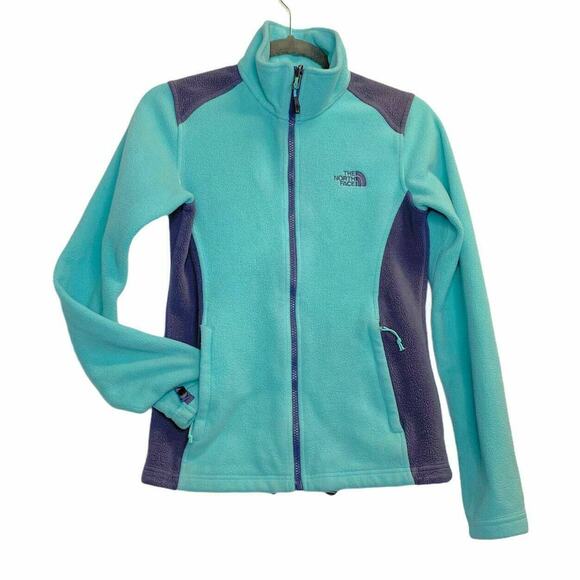 the North Face Fleece Full Zip mock neck Jacket Shell rock Color block Sz Xs - Picture 2 of 11